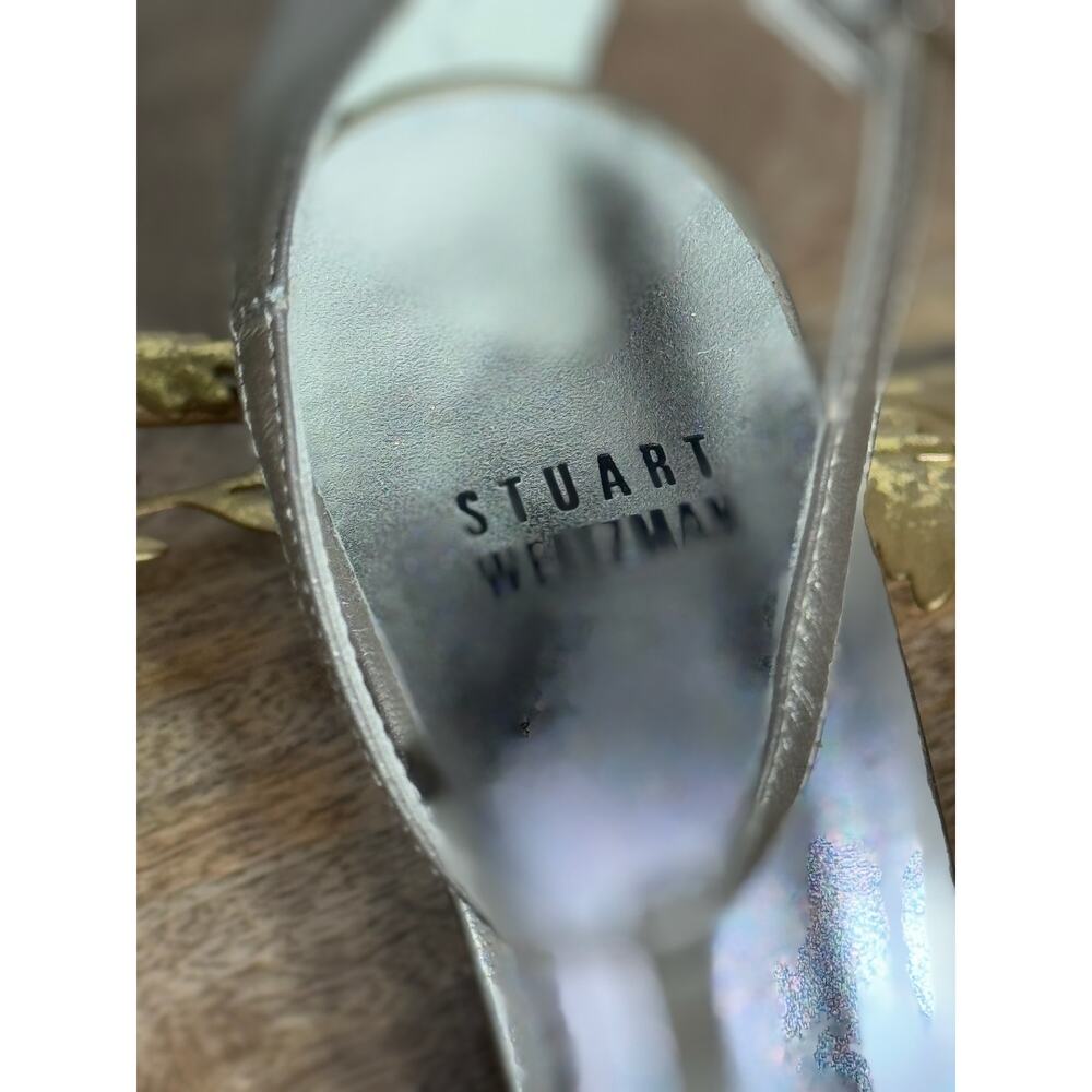 Stuart Weitzman Metallic Gold Peep Toe Heels with Rhinestone Buckle - Size 6.5 - Picture 6 of 16